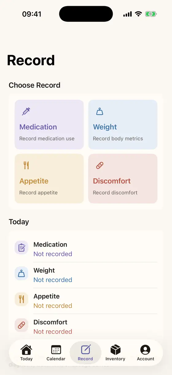 Penzy record screen showing entries for medication, weight, appetite, and discomfort